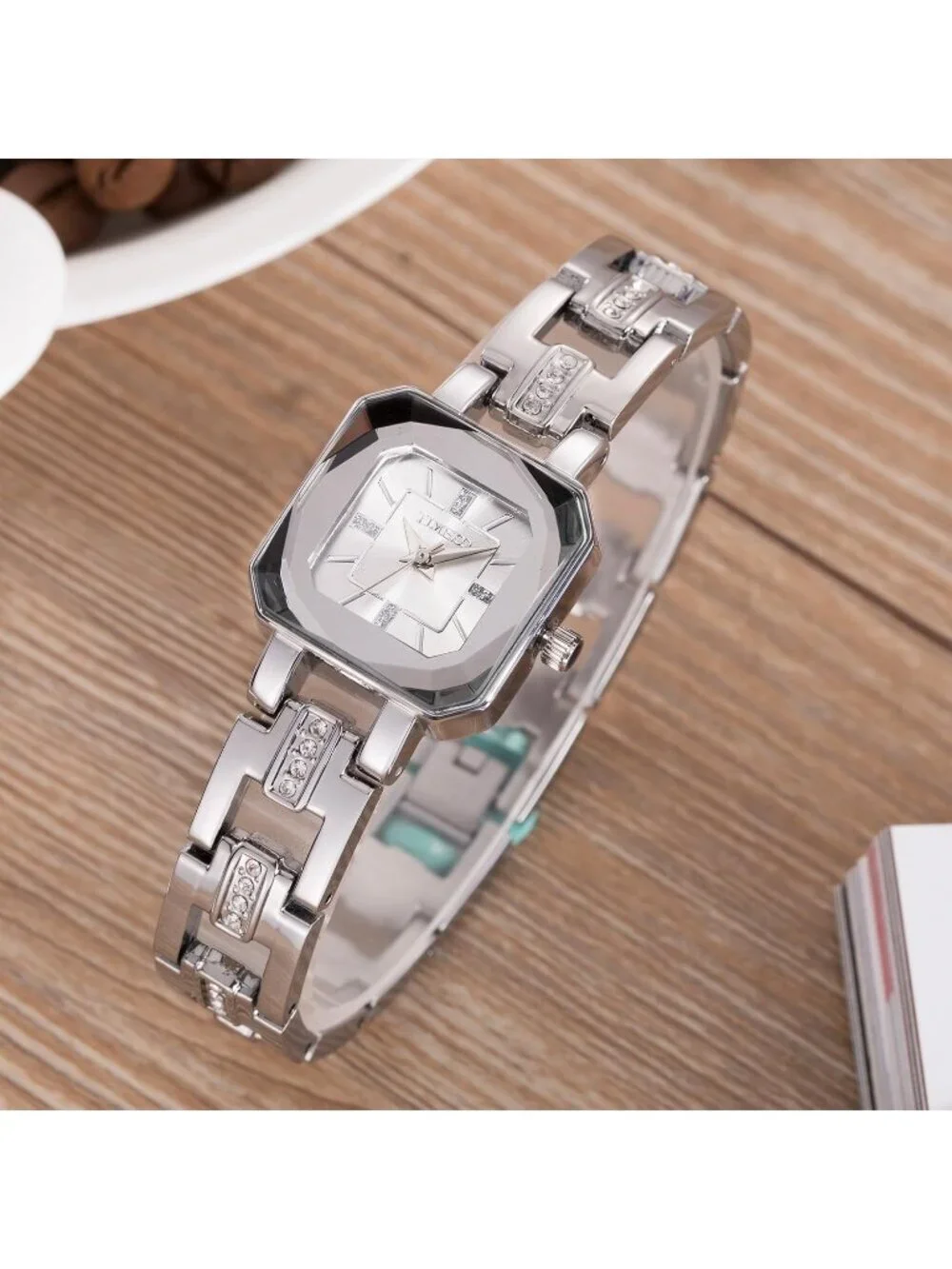 Women All Silver Analog Quartz Diamonds Waterproof Movement Bracelet Wrist Watch